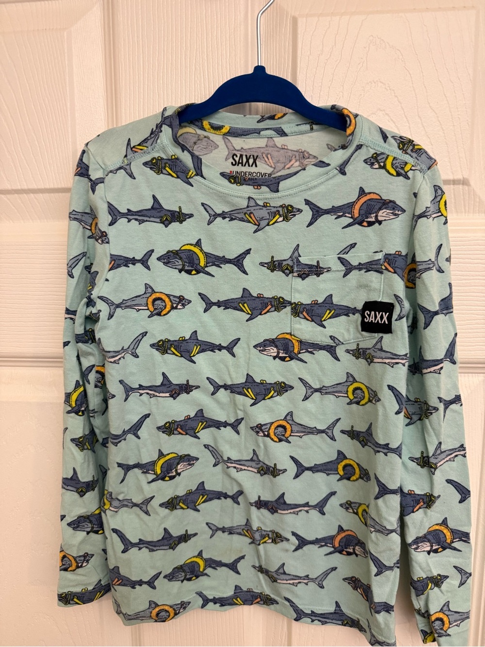 Saxx Kids Mint Shark-Print Long Sleeve undershirt/pj with Yellow & Navy Accents